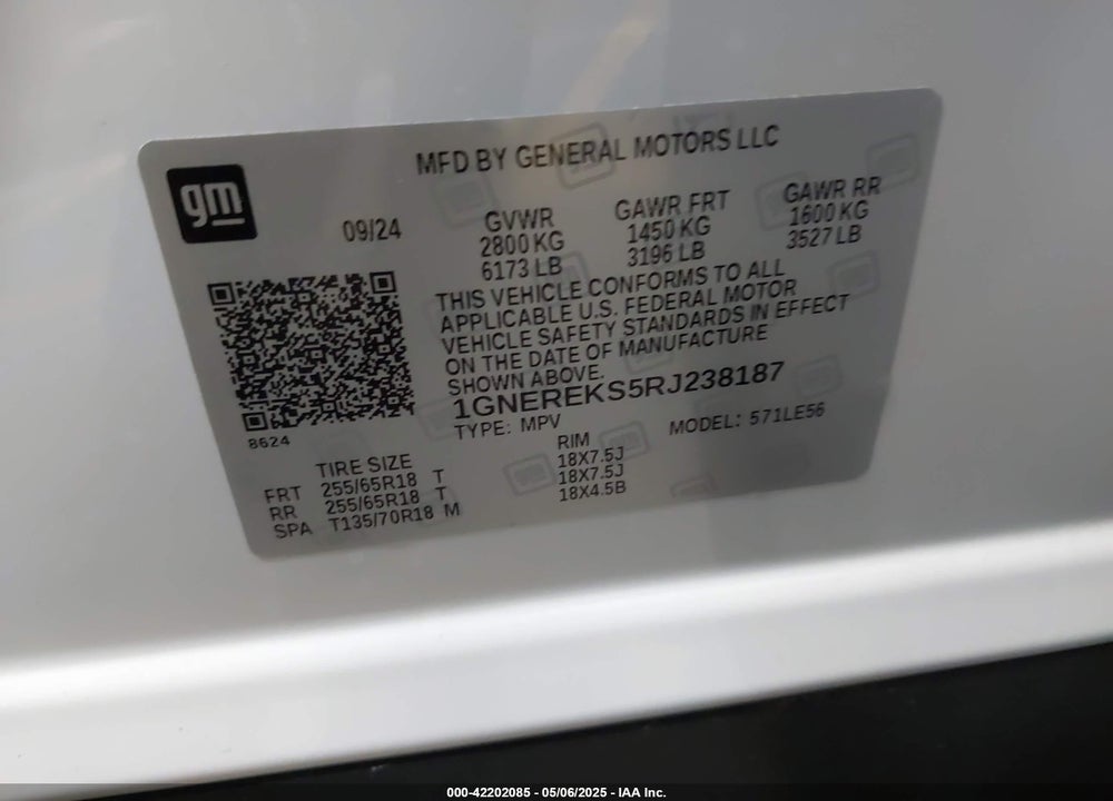 2024 CHEVROLET TRAVERSE VIN: 1GNEREKS5RJ238187