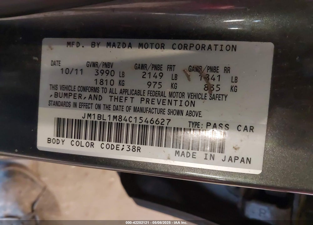 2012 MAZDA MAZDA3 VIN: JM1BL1M84C1546627