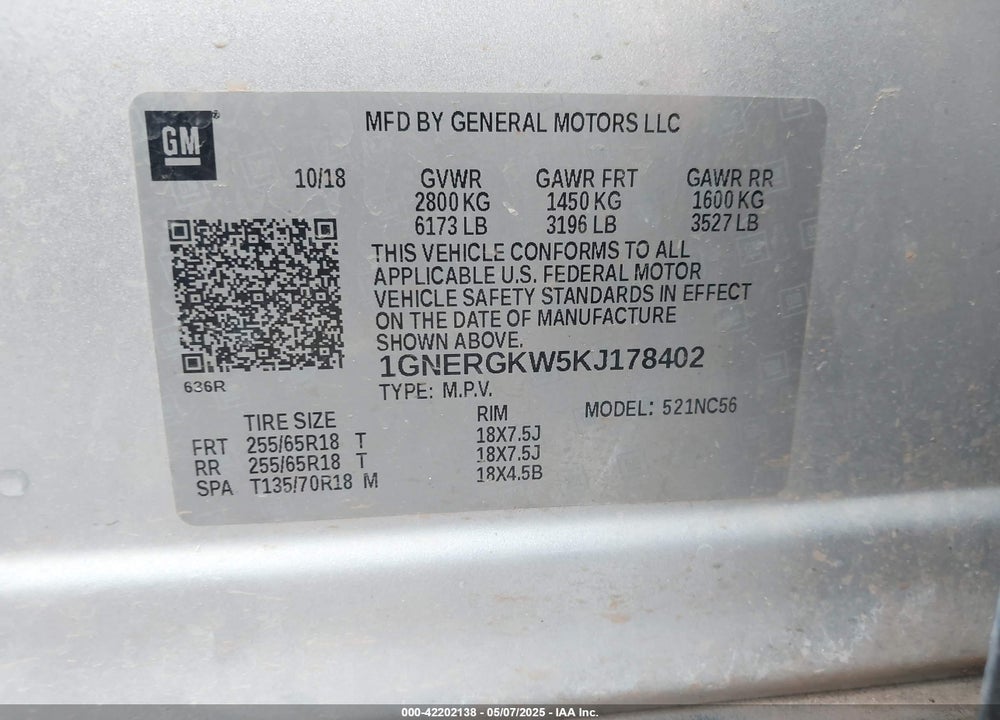 2019 CHEVROLET TRAVERSE VIN: 1GNERGKW5KJ178402