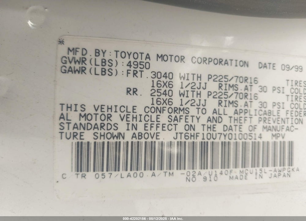 2000 LEXUS RX 300 VIN: JT6HF10U7Y0100514