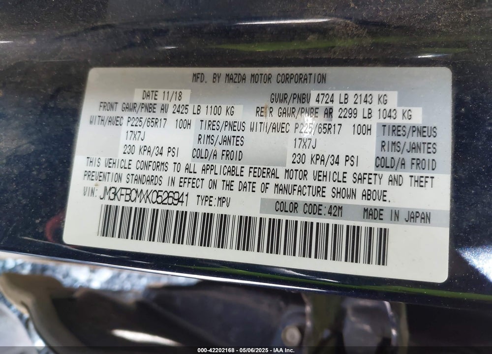 2019 MAZDA CX-5 VIN: JM3KFBCMXK0526941