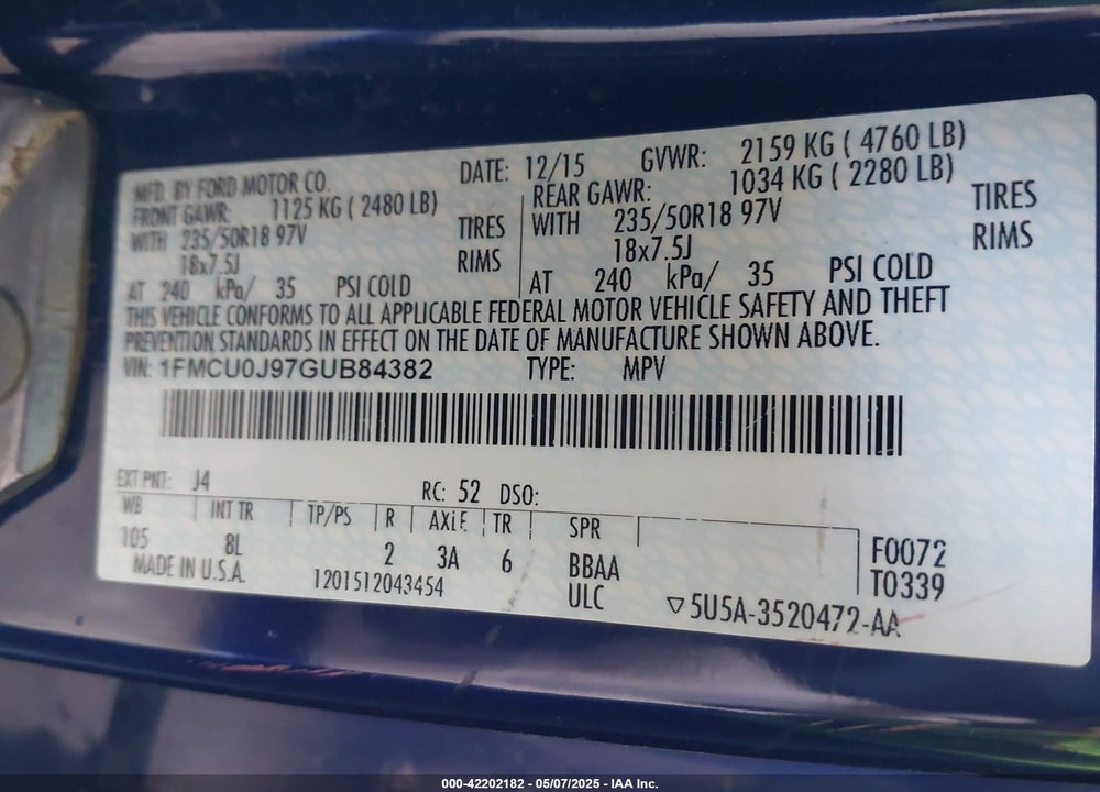 2016 FORD ESCAPE VIN: 1FMCU0J97GUB84382