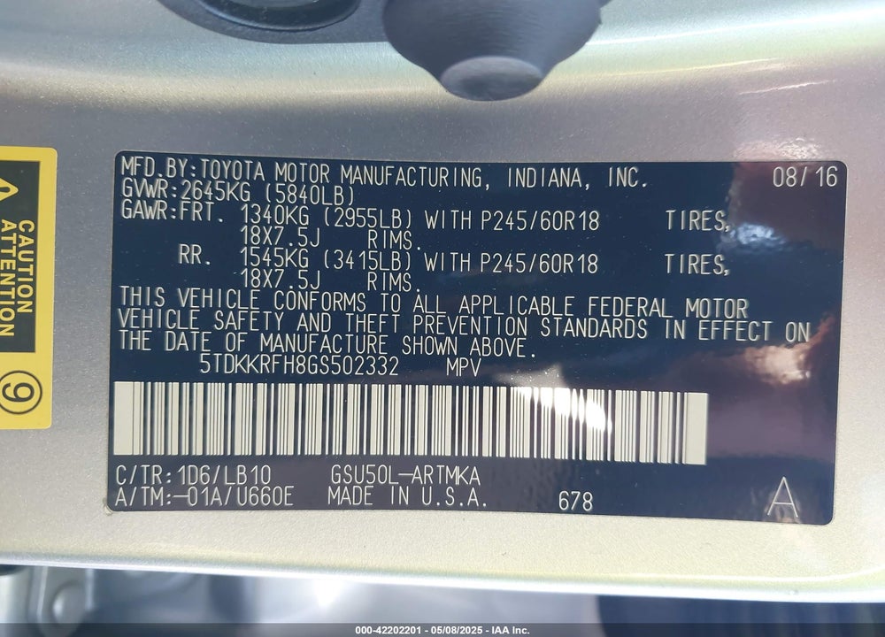 2016 TOYOTA HIGHLANDER VIN: 5TDKKRFH8GS502332