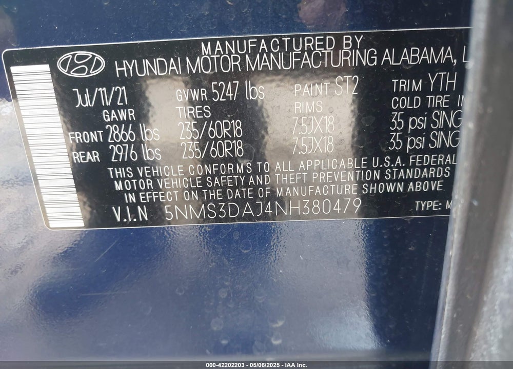 2022 HYUNDAI SANTA FE VIN: 5NMS3DAJ4NH380479