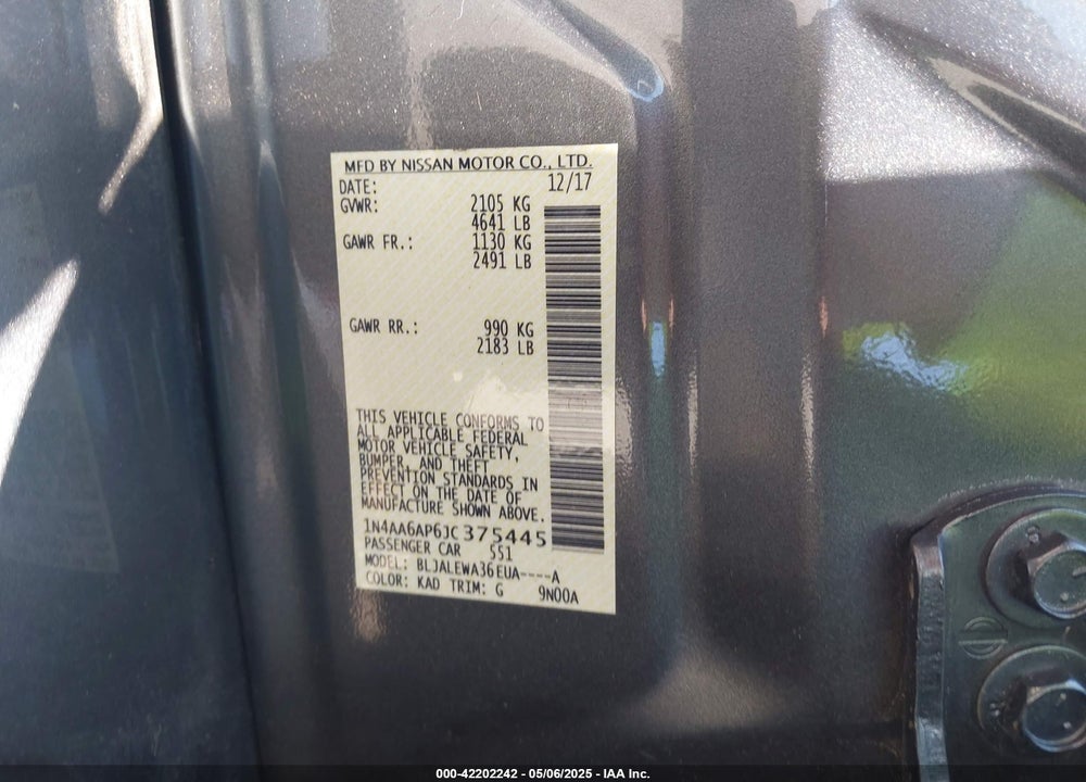 2018 NISSAN MAXIMA VIN: 1N4AA6AP6JC375445