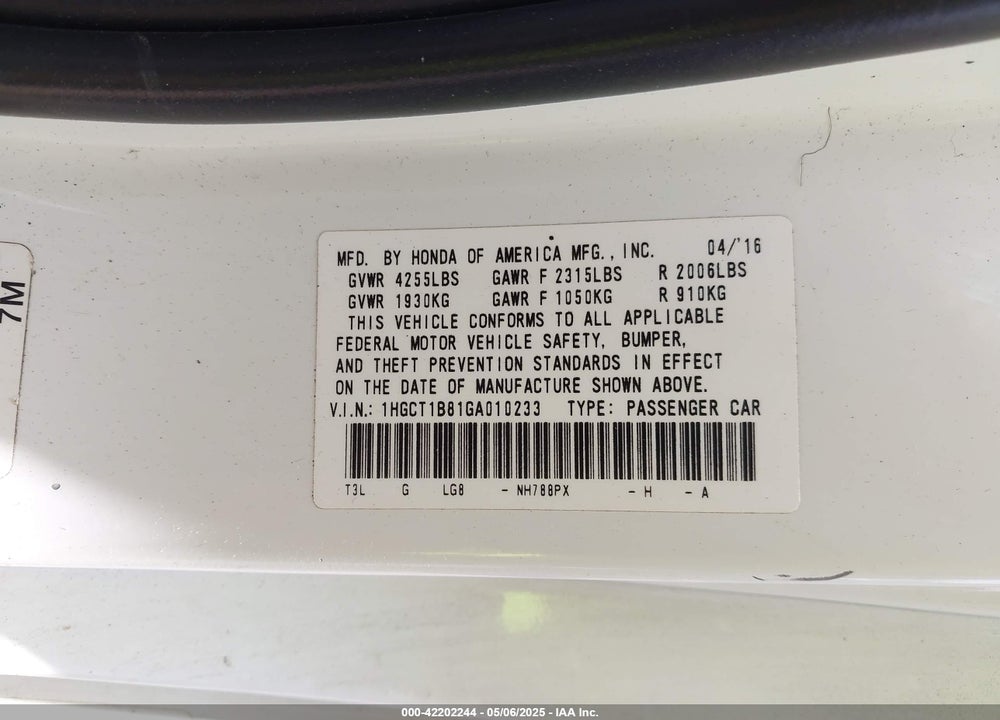 2016 HONDA ACCORD EX-L VIN: 1HGCT1B81GA010233