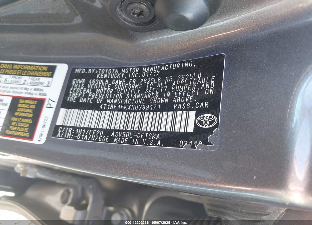 2017 TOYOTA CAMRY SE VIN: 4T1BF1FKXHU389171
