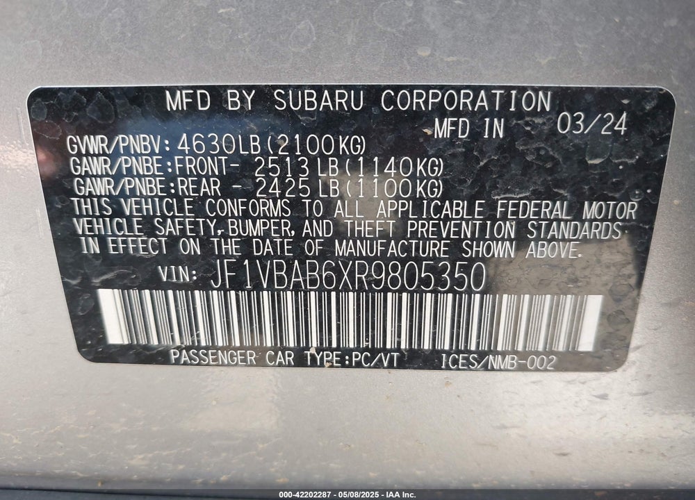 2024 SUBARU WRX VIN: JF1VBAB6XR9805350