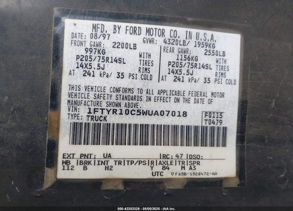 1998 FORD RANGER SPLASH/XL/XLT VIN: 1FTYR10C5WUA07018