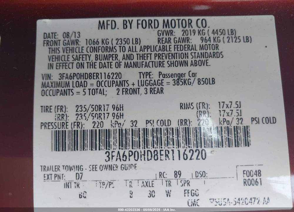 2014 FORD FUSION VIN: 3FA6P0HD8ER116220