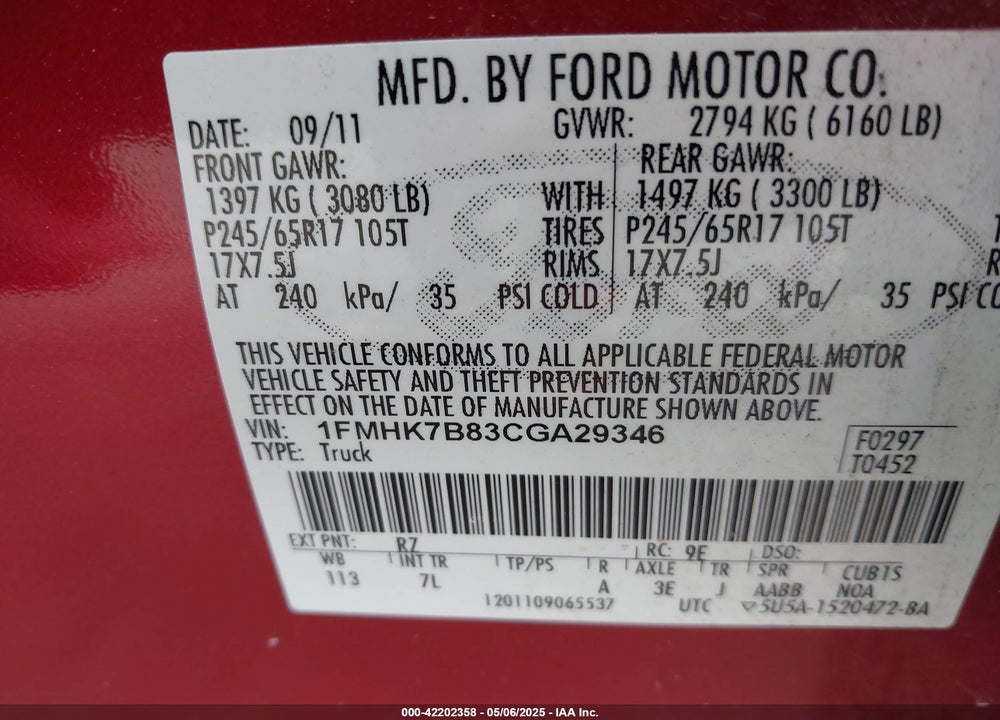2012 FORD EXPLORER VIN: 1FMHK7B83CGA29346