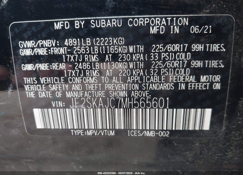 2021 SUBARU FORESTER PREMIUM VIN: JF2SKAJC7MH565601