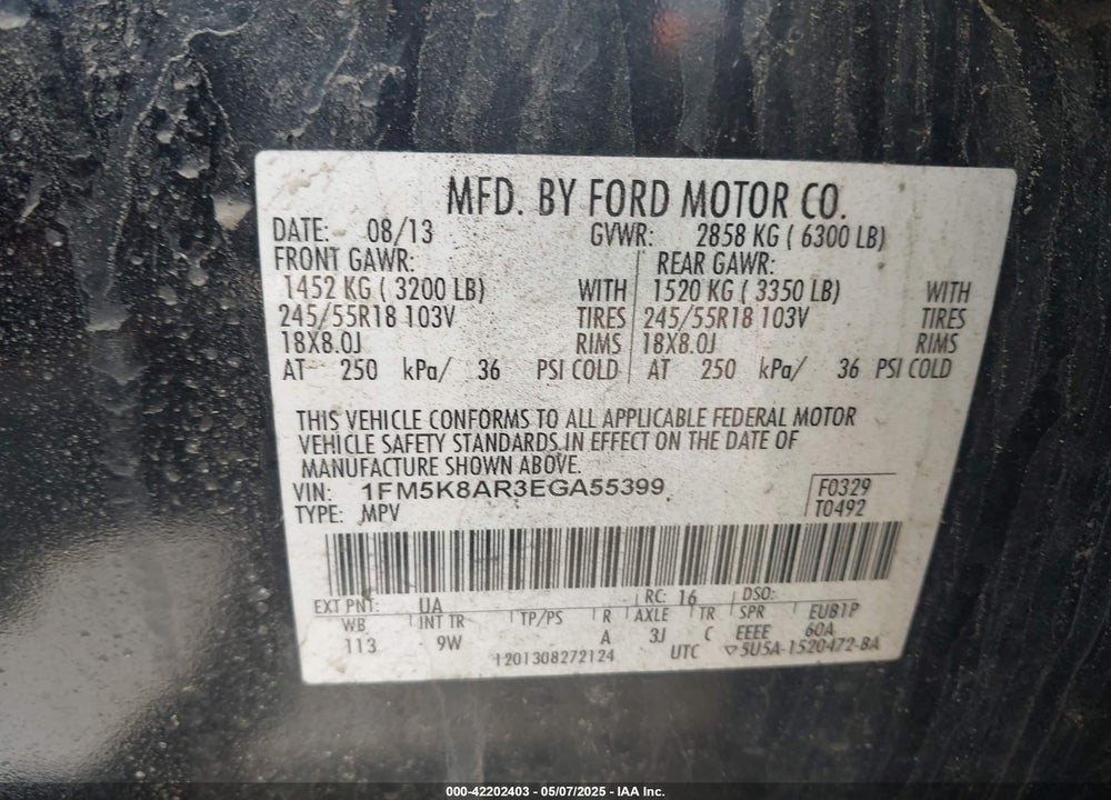 2014 FORD POLICE INTERCEPTOR SEDAN VIN: 1FM5K8AR3EGA55399