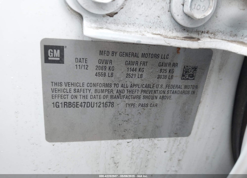2013 CHEVROLET VOLT VIN: 1G1RB6E47DU121678
