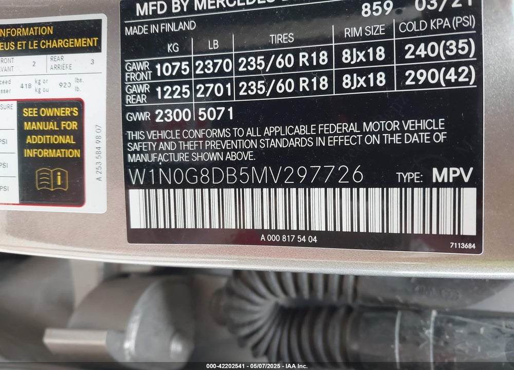 2021 MERCEDES-BENZ GLC VIN: W1N0G8DB5MV297726