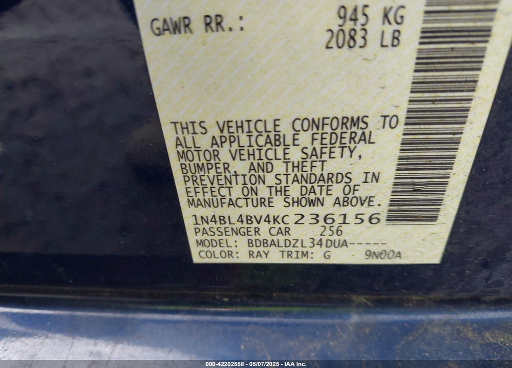 2019 NISSAN ALTIMA VIN: 1N4BL4BV4KC236156