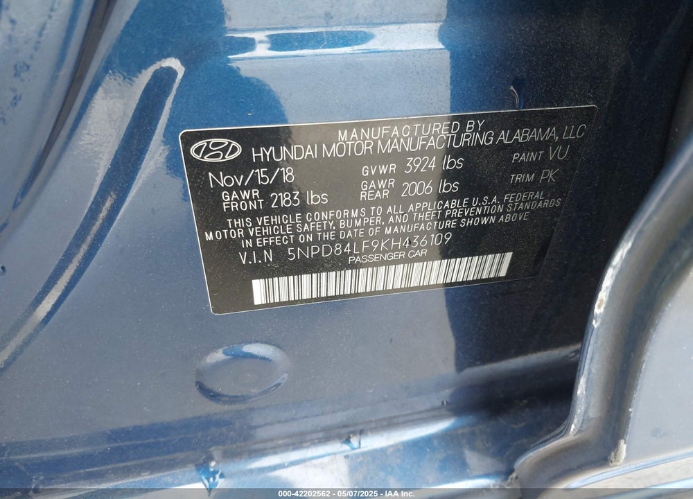 2019 HYUNDAI ELANTRA SEL VIN: 5NPD84LF9KH436109