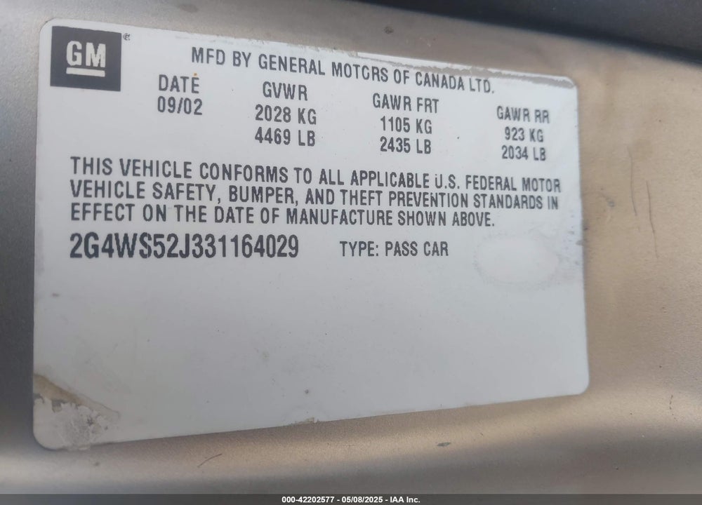 2003 BUICK CENTURY CUSTOM VIN: 2G4WS52J331164029