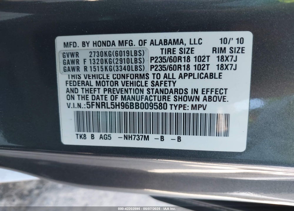2011 HONDA ODYSSEY TOURING/TOURING ELITE VIN: 5FNRL5H96BB009580