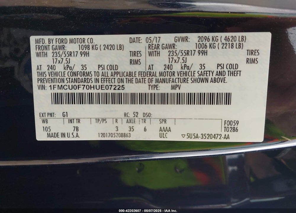 2017 FORD ESCAPE VIN: 1FMCU0F70HUE07225