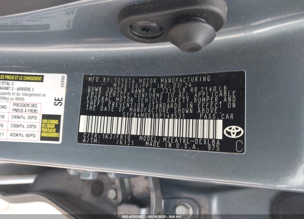 2024 TOYOTA COROLLA VIN: 5YFB4MDEXRP149531