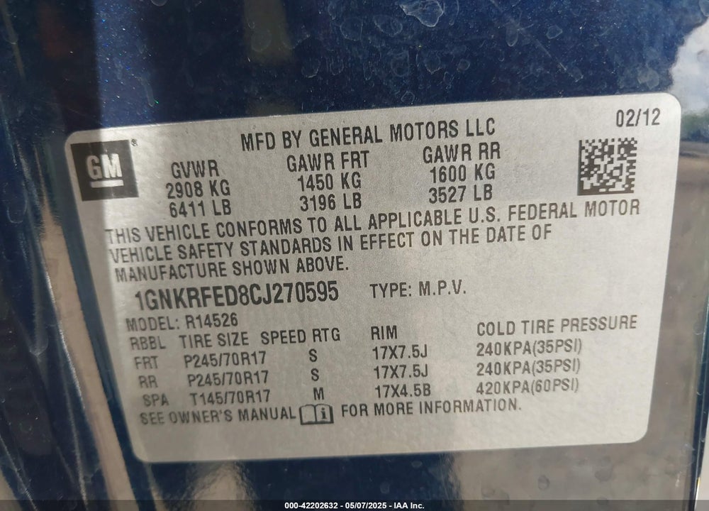 2012 CHEVROLET TRAVERSE LS VIN: 1GNKRFED8CJ270595