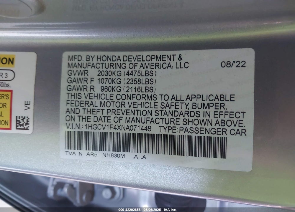 2022 HONDA ACCORD VIN: 1HGCV1F4XNA071448