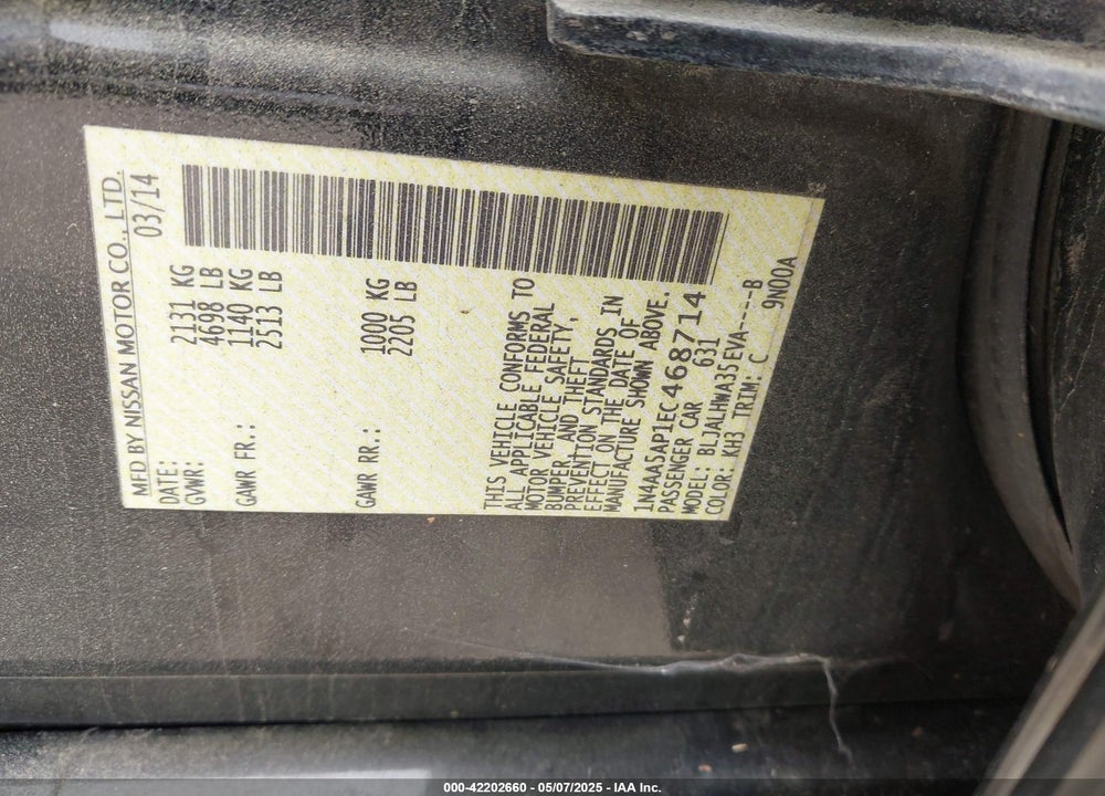 2014 NISSAN MAXIMA 3.5 SV VIN: 1N4AA5AP1EC468714