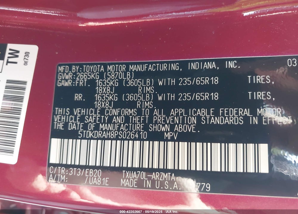 2023 TOYOTA HIGHLANDER VIN: 5TDKDRAH8PS026410