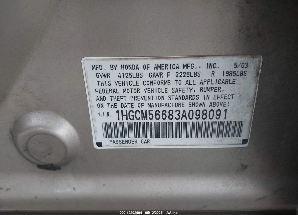 2003 HONDA ACCORD 2.4 EX VIN: 1HGCM56683A098091