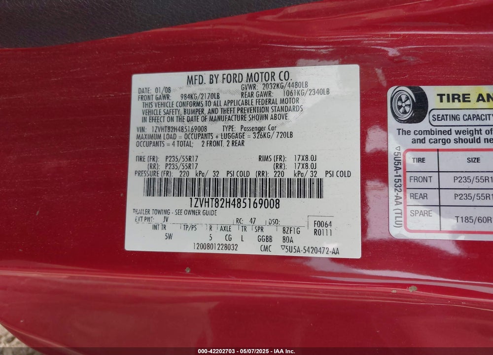 2008 FORD MUSTANG GT DELUXE/GT PREMIUM VIN: 1ZVHT82H485169008