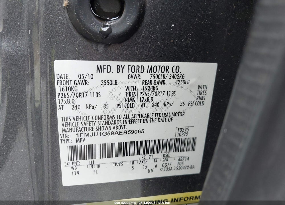 2010 FORD EXPEDITION XLT VIN: 1FMJU1G59AEB59065