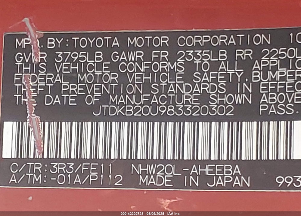 2008 TOYOTA PRIUS VIN: JTDKB20U983320302