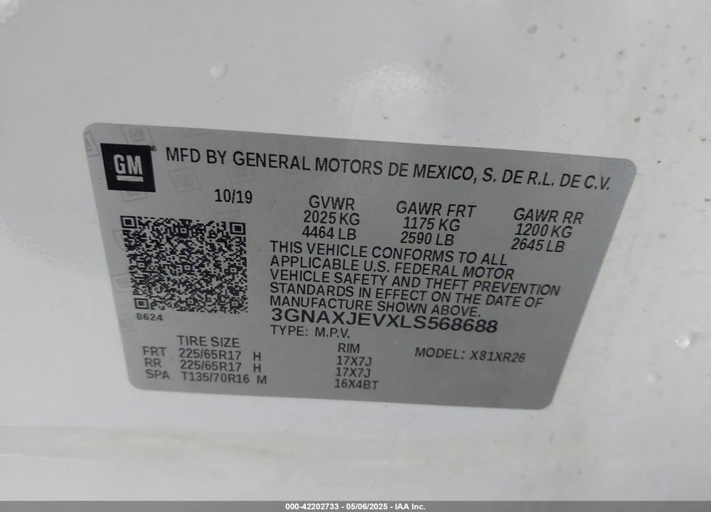 2020 CHEVROLET EQUINOX FWD 2FL VIN: 3GNAXJEVXLS568688