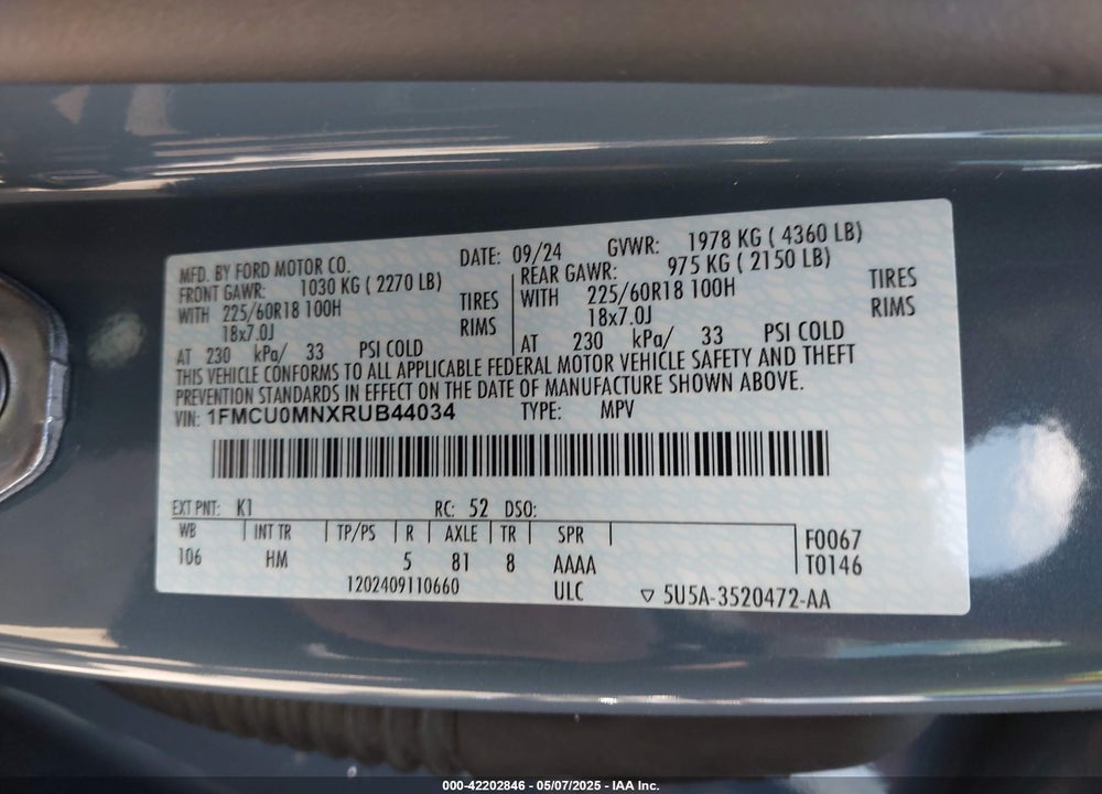 2024 FORD ESCAPE VIN: 1FMCU0MNXRUB44034