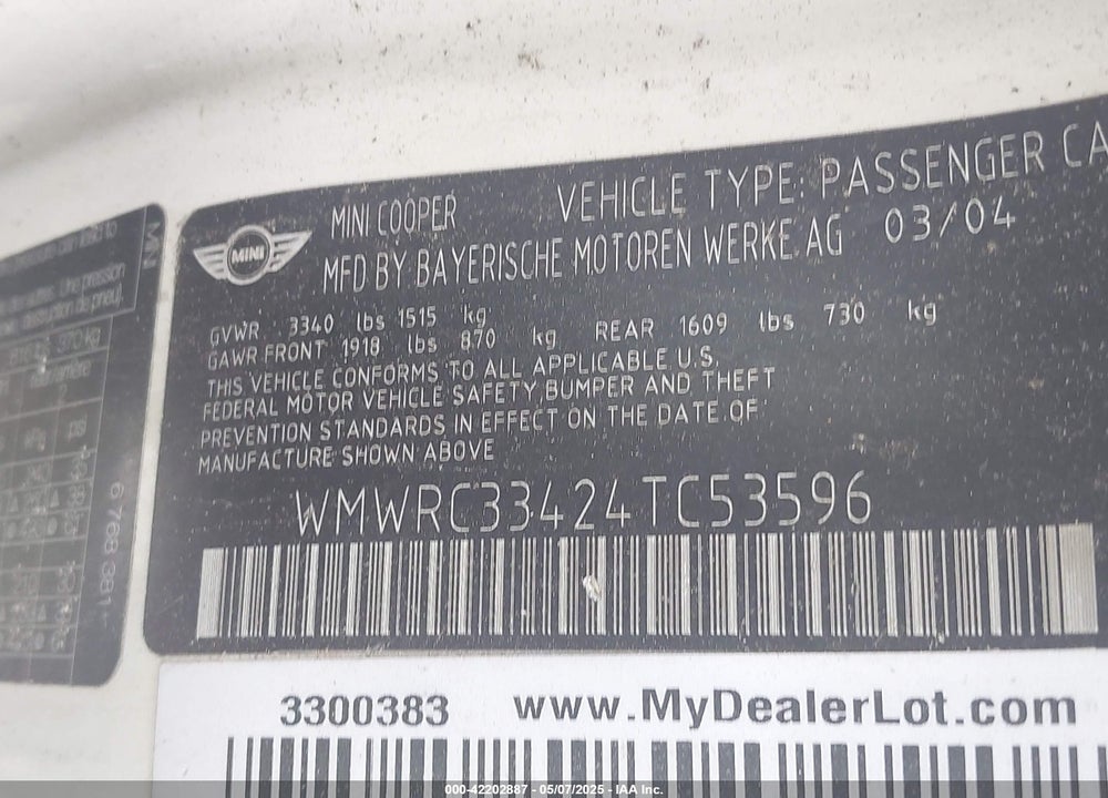 2004 MINI COOPER VIN: WMWRC33424TC53596