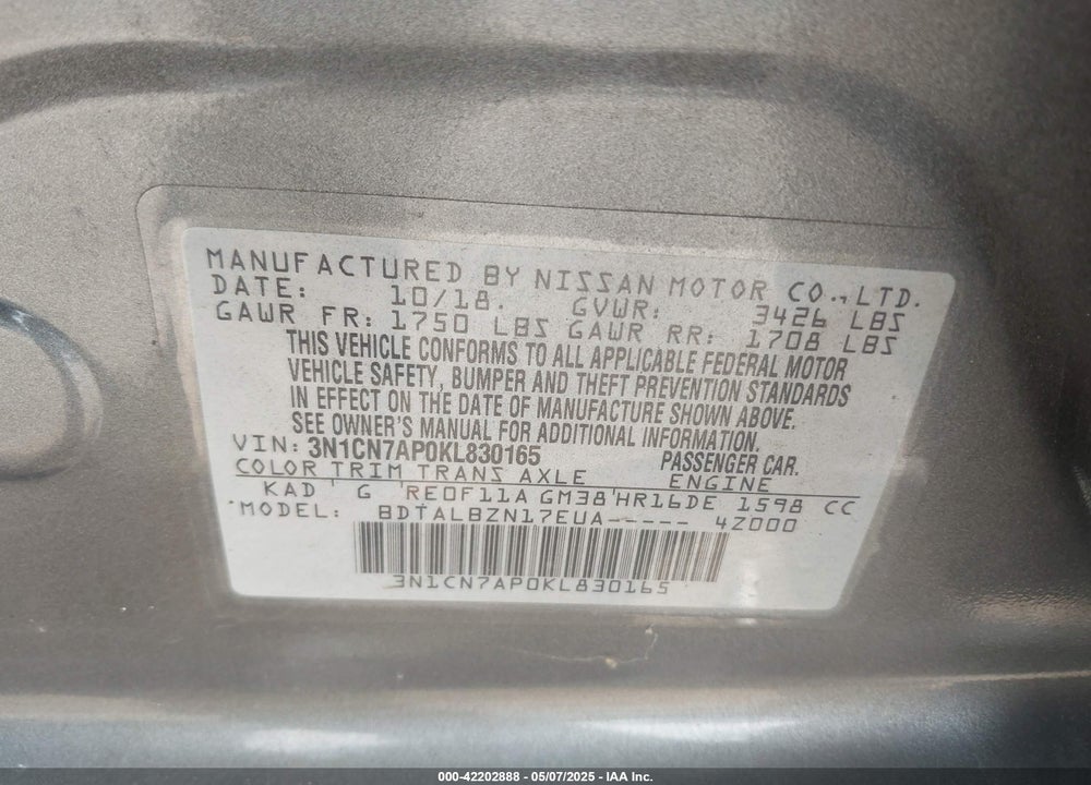 2019 NISSAN VERSA VIN: 3N1CN7AP0KL830165