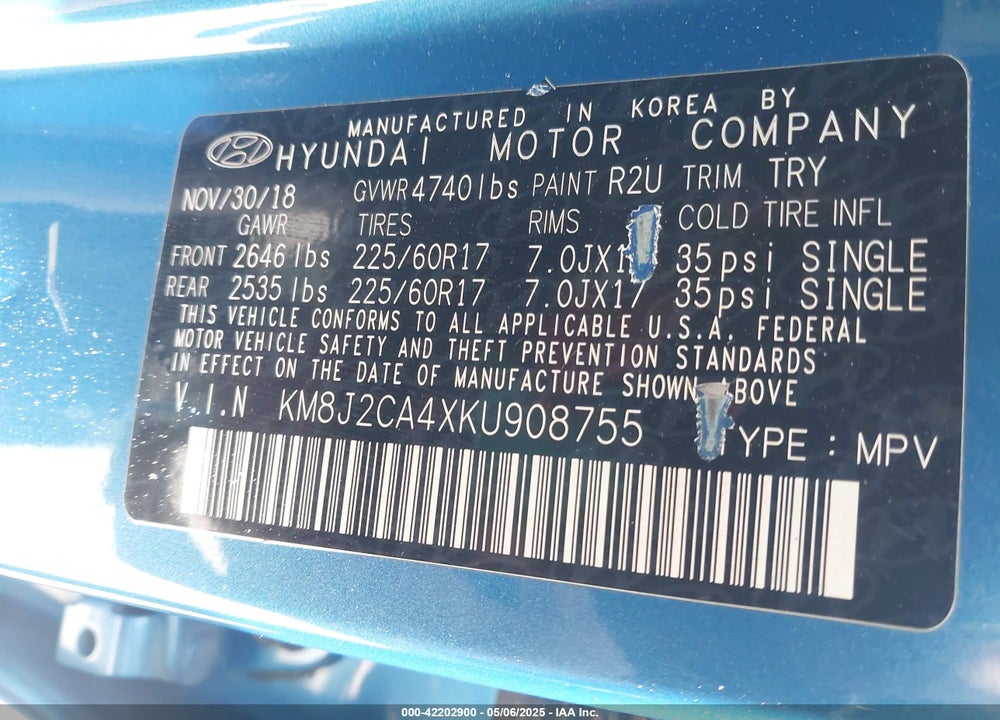 2019 HYUNDAI TUCSON SE VIN: KM8J2CA4XKU908755