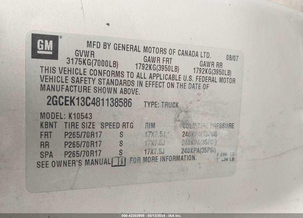 2008 CHEVROLET SILVERADO 1500 VIN: 2GCEK13C481138586