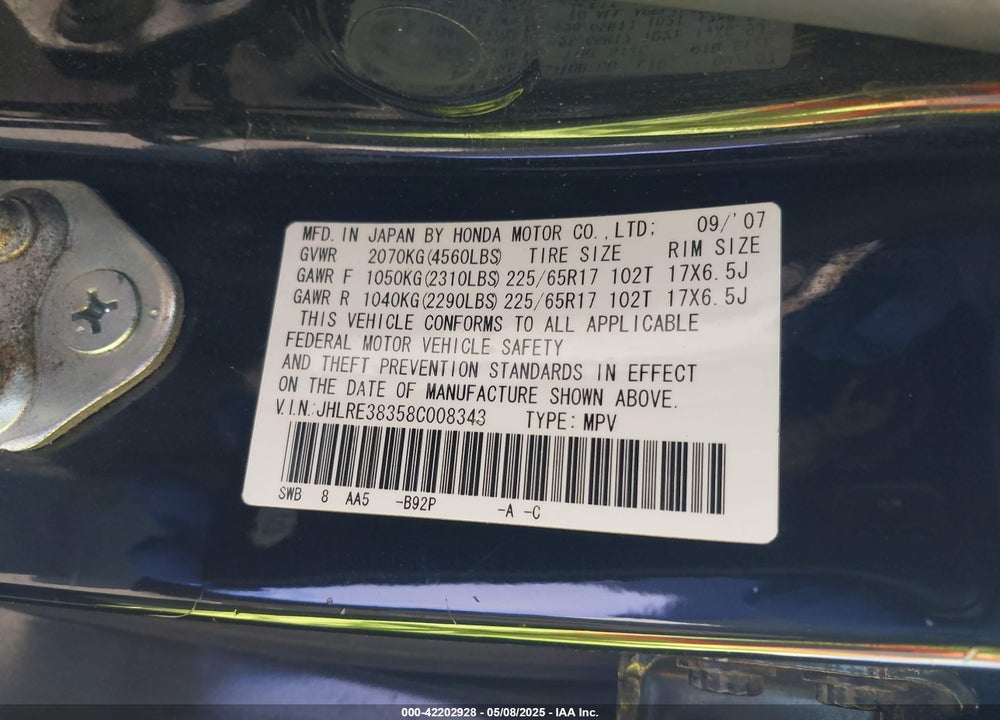 2008 HONDA CR-V VIN: JHLRE38358C008343
