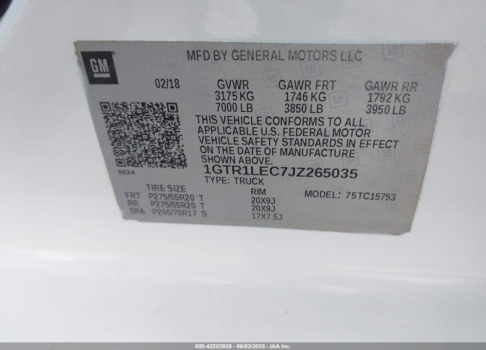 2018 GMC SIERRA 1500 VIN: 1GTR1LEC7JZ265035