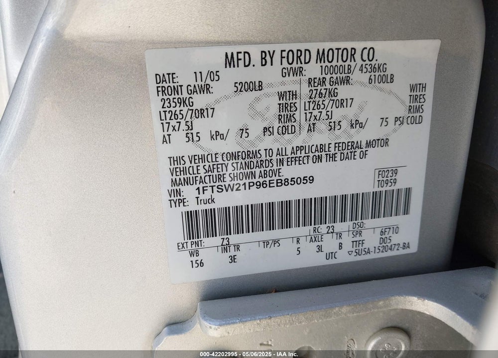 2006 FORD F-250 VIN: 1FTSW21P96EB85059