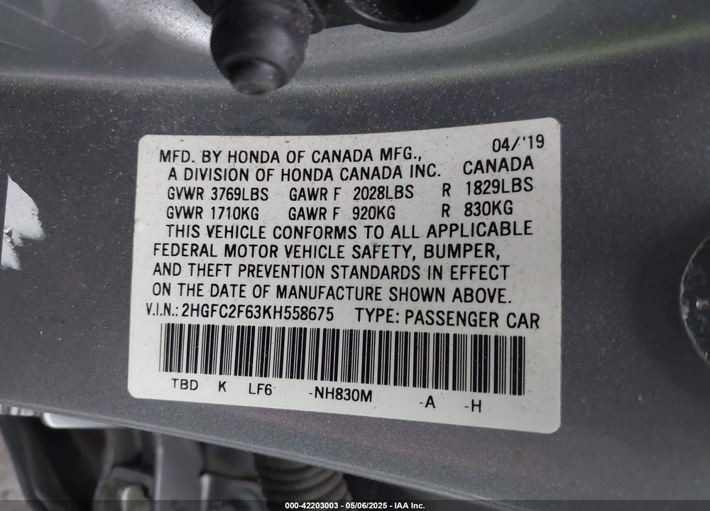 2019 HONDA CIVIC VIN: 2HGFC2F63KH558675