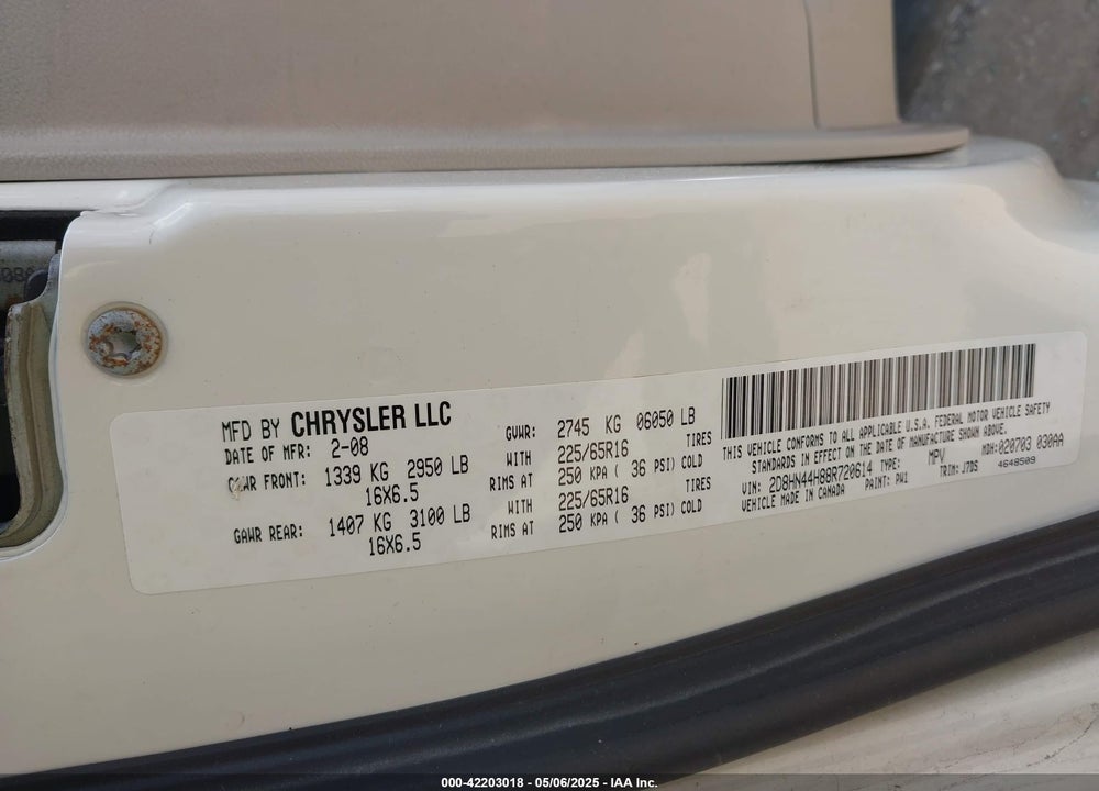 2008 DODGE GRAND CARAVAN SE VIN: 2D8HN44H88R720614