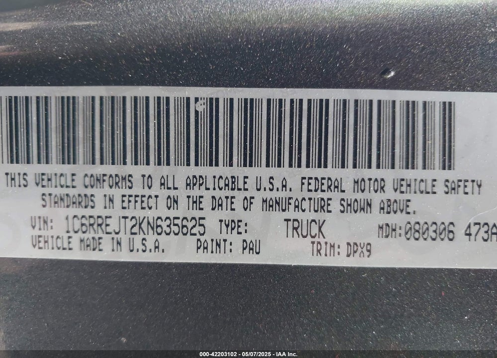 2019 RAM 1500 VIN: 1C6RREJT2KN635625