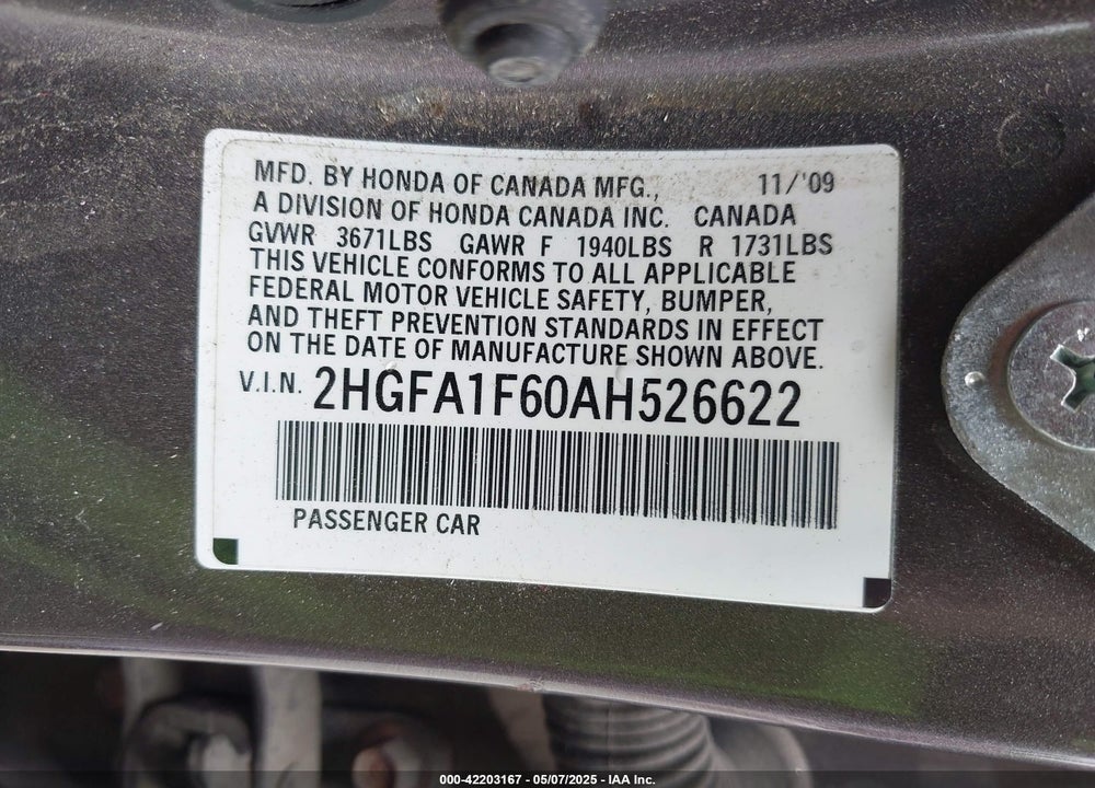 2010 HONDA CIVIC VIN: 2HGFA1F60AH526622