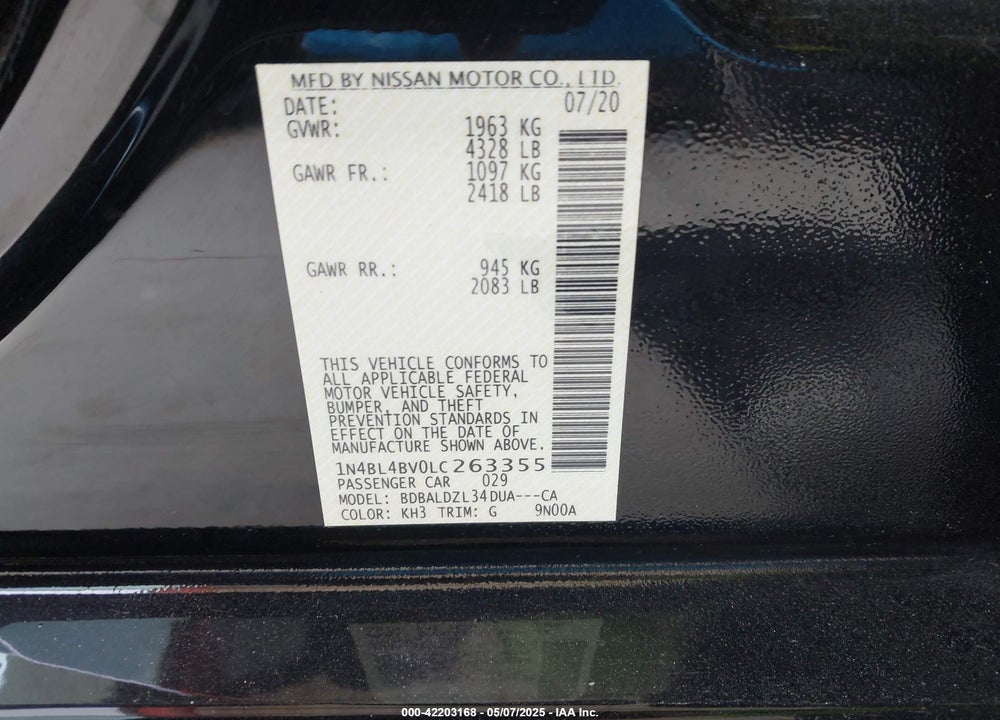 2020 NISSAN ALTIMA VIN: 1N4BL4BV0LC263355