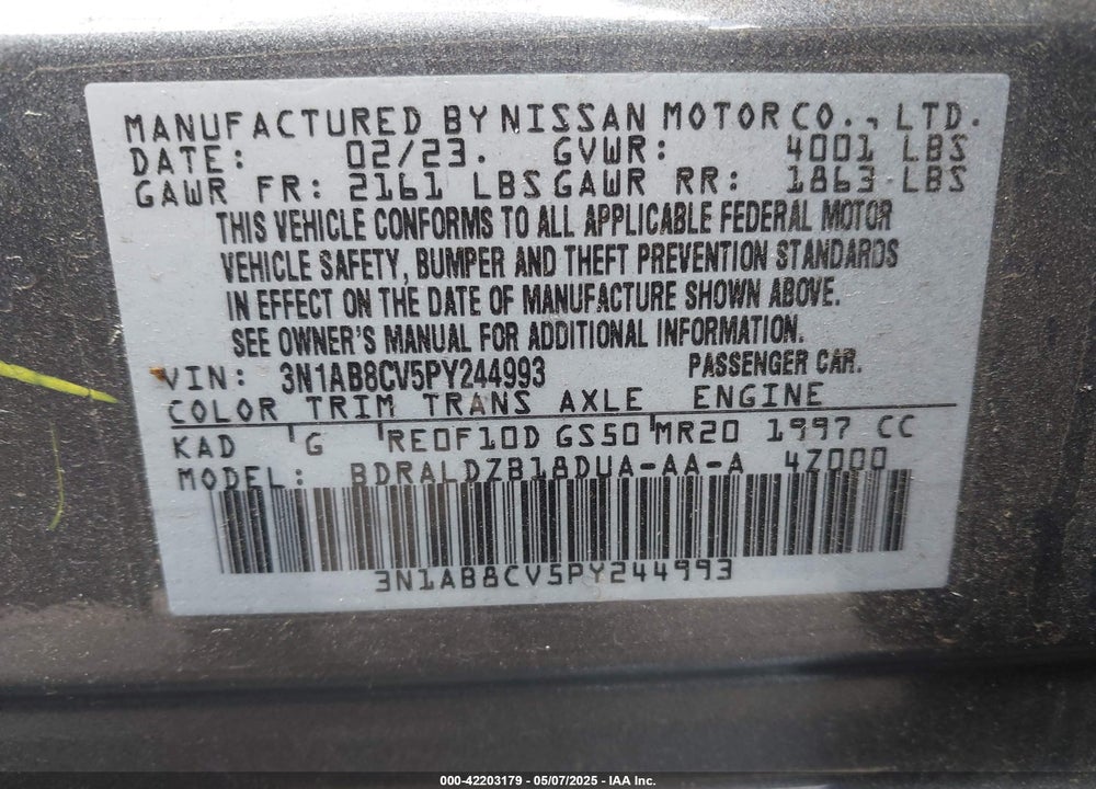 2023 NISSAN SENTRA VIN: 3N1AB8CV5PY244993