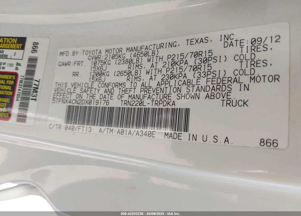 2013 TOYOTA TACOMA VIN: 5TFNX4CN2DX019176