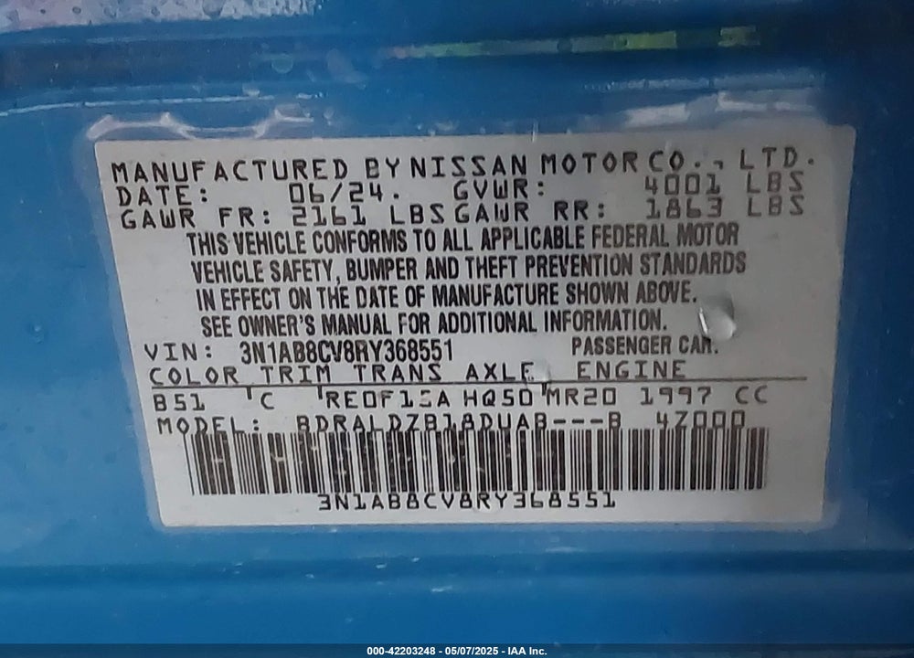 2024 NISSAN SENTRA VIN: 3N1AB8CV8RY368551